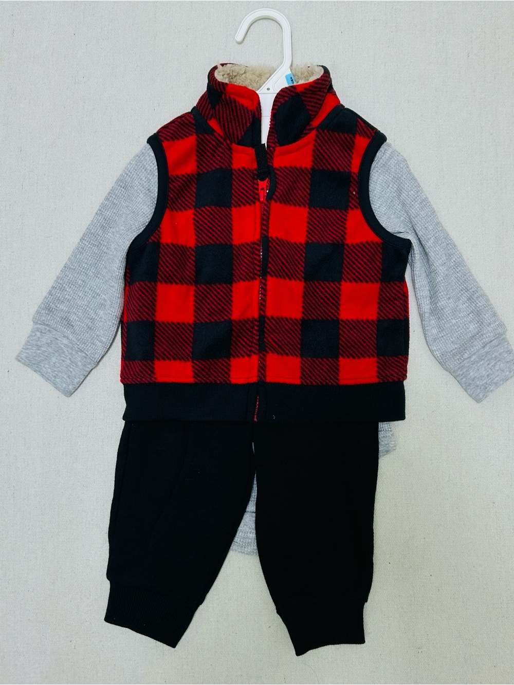 Carter's 3 Piece Baby Outfit with Red and Black Buffalo Plaid Fleece Vest